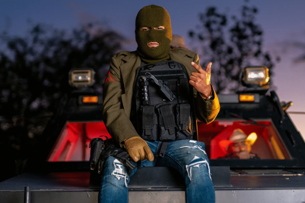 El rapero Makabelico, durante una grabación montado en una Cybertruck de Tesla.