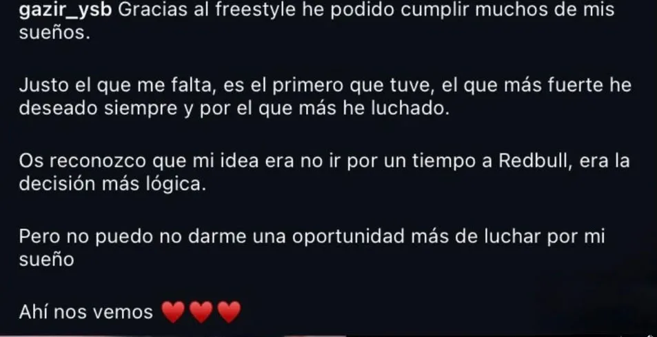 Gazir confirma su regreso a Red Bull Batalla 2026: Buscará el campeonato internacional No puedo no darme una oportunidad mas El mensaje de Gazir en Instagram