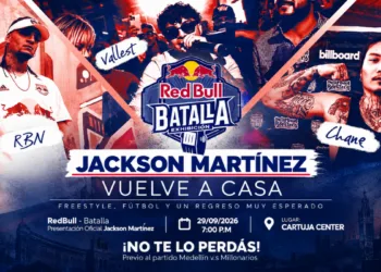 Vallest, RBN, Chang y Red Bull Batalla en la presentación de Jackson Martínez en el Deportivo Independiente Medellín | IG: dimoficialcom