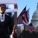 Imagen dividida: a la izquierda, Soulja Boy sonriendo con traje negro, camisa blanca, corbata y cadenas; a la derecha, el Capitolio de Estados Unidos con banderas estadounidenses y la bandera de Washington D. C.