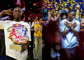 Willis sostiene el trofeo de la Final Mundial de Red Bull Dance Your Style 2026 y, ya campeón, llora de emoción entre confeti